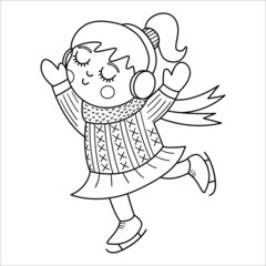 Vector black and white happy skating girl in earmuffs. Cute winter kid line illustration or coloring page. Funny outline picture for Christmas, New Year or winter design.