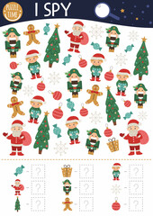 Christmas I spy game for kids. Searching and counting activity for preschool children with traditional New Year objects. Funny winter printable worksheet for kids. Simple holiday spotting puzzle..