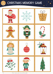 Christmas memory game cards with traditional holiday symbols. Matching activity with funny characters. Remember and find correct card. Simple winter printable worksheet for kids. .