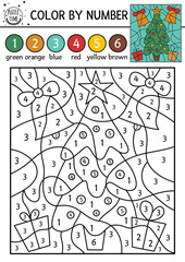 Vector Christmas color by number activity with fir tree, bells, gift boxes. Winter holiday coloring and counting game with cute plant. Funny New Year coloration page for kids. .