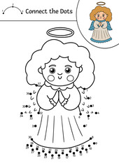 Vector Christmas dot-to-dot and color activity with cute angel. Winter religious holiday connect the dots game for children. Funny coloring page for kids with traditional Christian symbol.