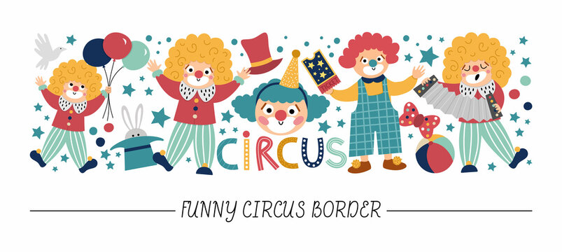 Vector horizontal border set with cute clowns. Street show card template design with funny circus artists, balloons, stars. Festival, children holiday, birthday or carnival border for kids.
