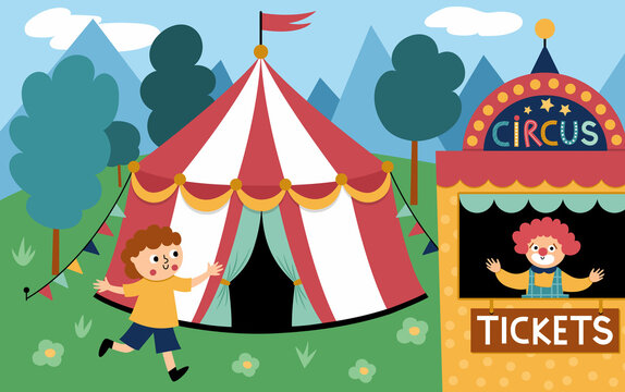 Vector scene with circus marquee, boy running to the ticket box with clown. Street show background. Cute festival illustration with funny characters for kids. Amusement park picture.