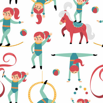 Vector seamless pattern with gymnast girls with hoop, horse, ribbon. Repeat background with cute funny acrobat. Circus or sport artist digital paper. Tightrope walker texture.