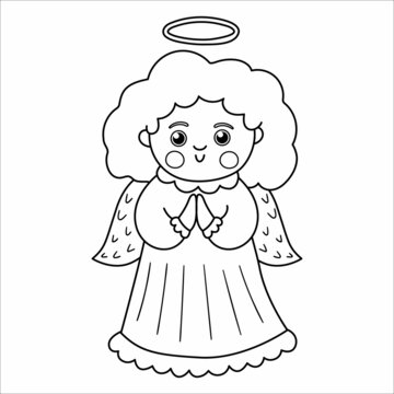 Vector black and white Angel with curly hair and halo. Cute winter saint character line illustration or coloring page. Funny outline icon for Christmas, New Year or winter design.