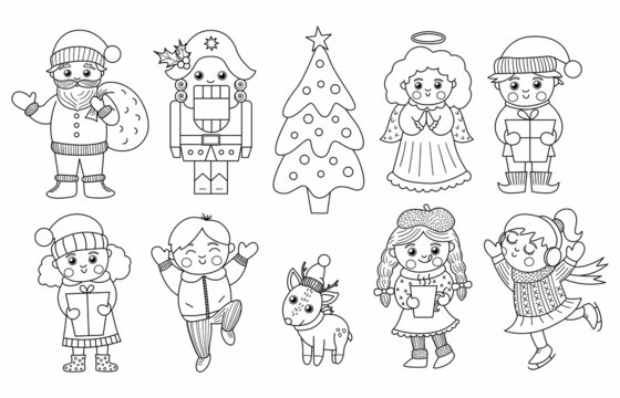 Vector set of black and white Christmas characters. Cute winter Santa Claus with sack, Angel, Elf, Nutcracker illustration or coloring page. Funny outline New Year or winter icon pack.