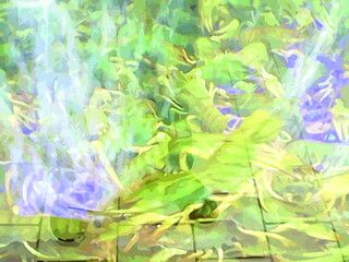 Fototapeta na wymiar Watercolor unusual textural background in green-violet tonality for prints or textiles. Abstract backdrop with water texture and crustaceans in the aquarium for wallpaper, fabric products, cover, etc.