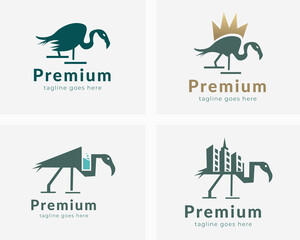 Minimal Egret Logo design set. Egret with King, Juice, and real estate egret Logo design.
