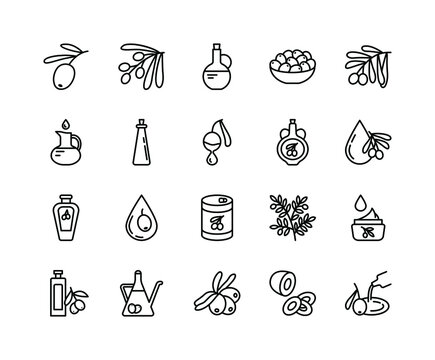 Olive products flat line icons set. Fresh tree fetuses and olive oil in bottles and jugs. Simple flat vector illustration for web site or mobile app