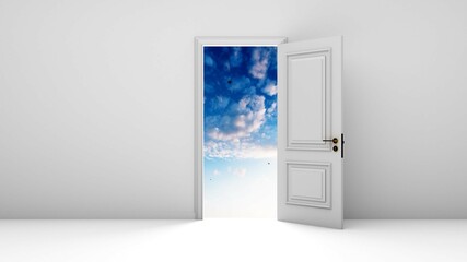 4K Ultra Hd. Room with the door open for a sky. Door to heaven. 3D Rendering.
