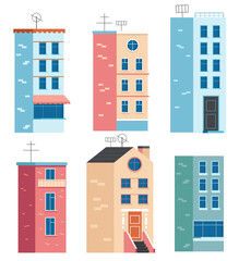 Buildings town city isolated flat cartoon set