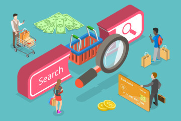 3D Isometric Flat Vector Conceptual Illustration of Shopping Online, E-commerce and Search Engine Optimization