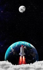 Spaceship in the outer space on orbit of Earth planet. Space shuttle in sky with clouds. Continents and oceans. 3D Rendering.
