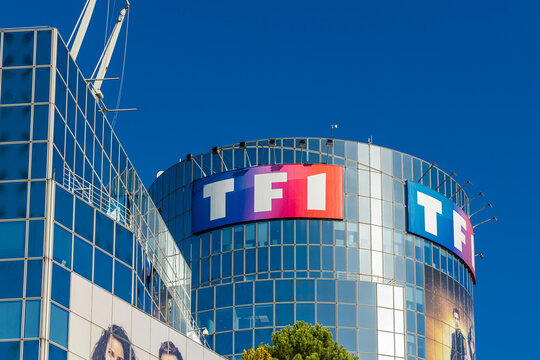 TF1 logo on the facade of TF1 headquarters building