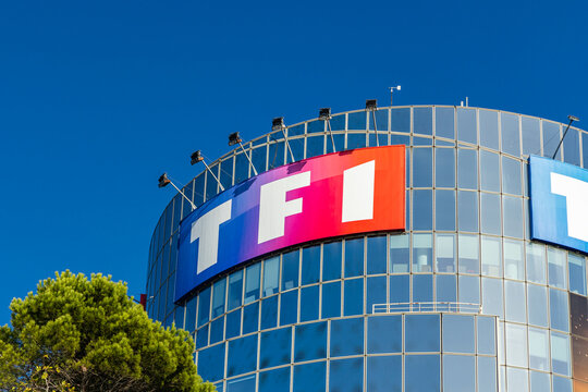 TF1 logo on the facade of TF1 headquarters building