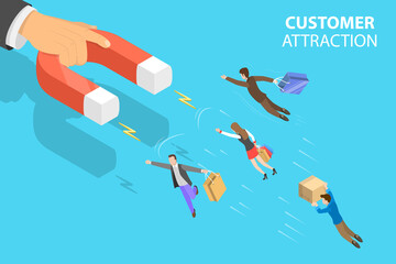 3D Isometric Flat Vector Conceptual Illustration of Customer Attraction, Client Retention Strategy, Digital Inbound Marketing