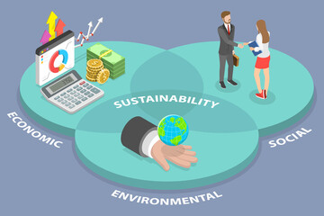 3D Isometric Flat Vector Conceptual Illustration of Economic, Social, And Environmental Sustainability, Sustainability Science and Economic Growth
