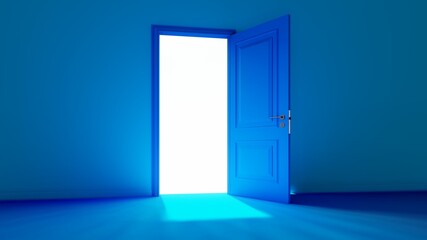 Blue Room with the door open for a sky. Door to heaven. 3D Rendering.
