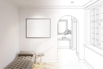 A sketch becomes a real modern-classic interior with a blank horizontal poster, the coffee table next to the couch, an arch near the window, mirror above the console in the background. 3d render