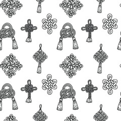 Hand drawn seamless pattern with chinese knots, monochrome ornament 