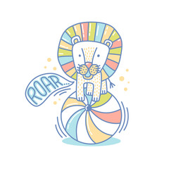 Cute lion on a ball. Baby animal illustration in doodle style. Funny cartoon character for nursery design. Isolated vector hand-drawn poster for kids.