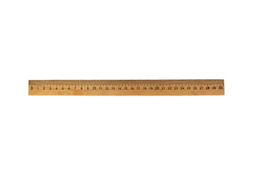 Wooden ruler close-up. Isolated object on a white background