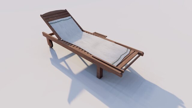 Wood beach sunbed chair isolated. 3d rendering of beach and ocean vacations and summer getaways. 