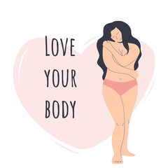 Body positive. A large-sized woman hugs herself. Happy overweight girl in vector hand-drawn style. Love your body