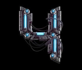 Fototapeta premium Metallic futuristic font with blue neon lights. Number 4.