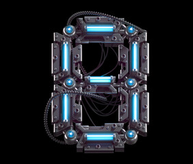 Metallic futuristic font with blue neon lights.  Number 8.