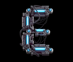 Fototapeta premium Metallic futuristic font with blue neon lights. Letter E.