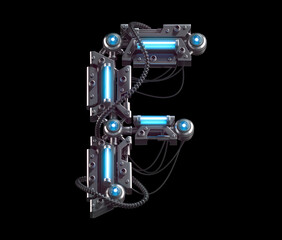 Naklejka premium Metallic futuristic font with blue neon lights. Letter F.