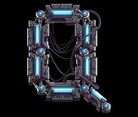 Fototapeta premium Metallic futuristic font with blue neon lights. Letter Q.
