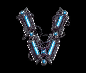 Metallic futuristic font with blue neon lights.  Letter V.