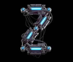 Metallic futuristic font with blue neon lights.  Letter Z.