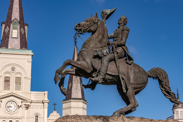 Close up of the iconic statue of Andrew Jackson located in Jackson Square in the French Quarter,...