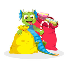 Cheerful dragon with Christmas bags, gifts and candy cane