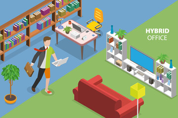 3D Isometric Flat Vector Conceptual Illustration of Hybrid Office, Teleworking and Online Distributed Team - obrazy, fototapety, plakaty