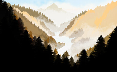 Peaceful morning forest scenery.