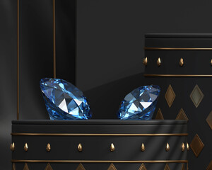 Blue diamonds placed on black  background 3d rendering