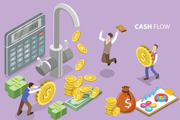 3D Isometric Flat Vector Conceptual Illustration of Cash Flow, Money Streaming From Faucet