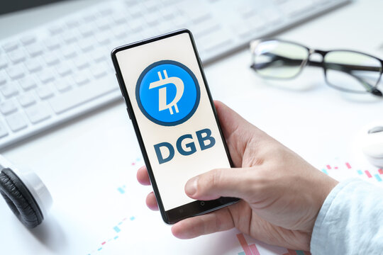 Russia Moscow 08.06.2021. Logo of cryptocurrency Digibyte, DGB crypto coin,token in mobile phone. Public decentralized payment wallet, system