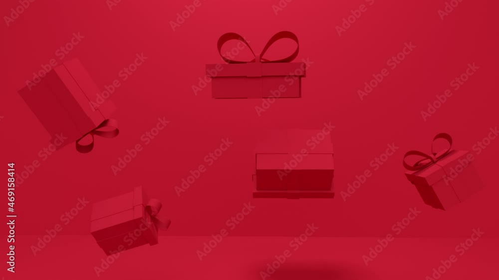 Poster levitating gifts with a bow on a red background. minimal modern seamless motion design. abstract loo