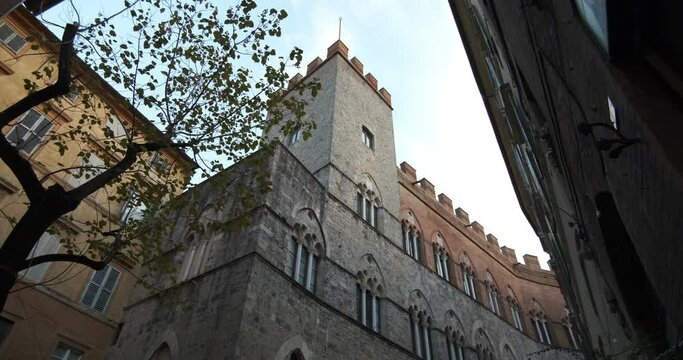 Chigiana music academy. Chigiana Music Academy in Siena.Ancient Chigi Saracini Lucherini palace built in stone. 