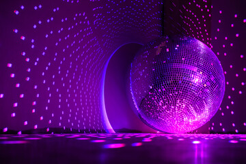 Disco ball reflecting purple light in a dark hall. Disco symbol. Copy space. 
