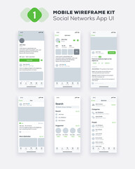 UI Mobile app. Social Networks UX, GUI design elements. Mobile application template layout.