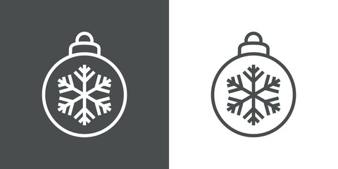 Decoración para árbol de navidad. Icono silueta de bola de navidad con copo de nieve con líneas en fondo gris y fondo blanco © teracreonte