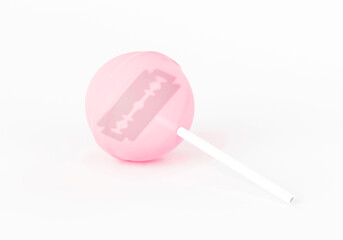 Lollipop with a razor blade inside, danger candy, 3d render