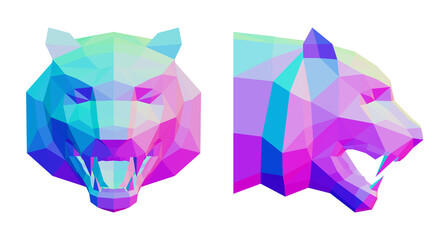 low poly tiger head in profile and full face, bright blue magenta, 3d render