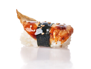  Single unagi nigiri sushi isolated on white background
